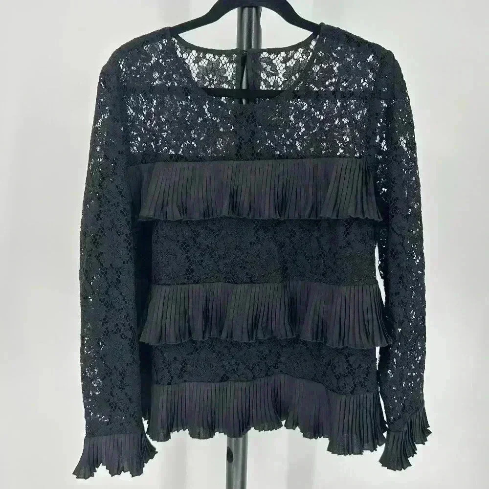 J. Crew‎ Pleated Lace Ruffle Blouse Size 16T Black Dressy Formal Party